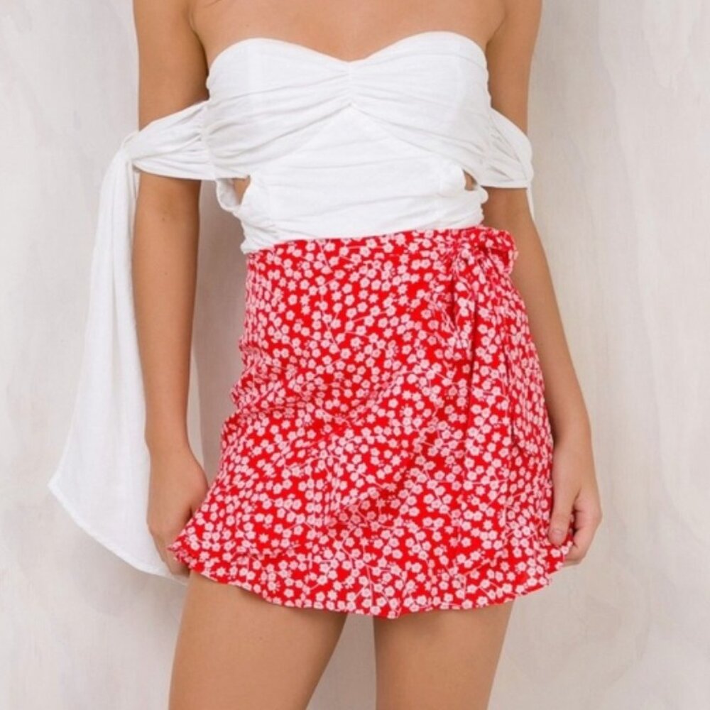 Princess Polly Ditsy Floral Ruffle Edge Faux Wrap Mini Skirt, Red US 4 AU *